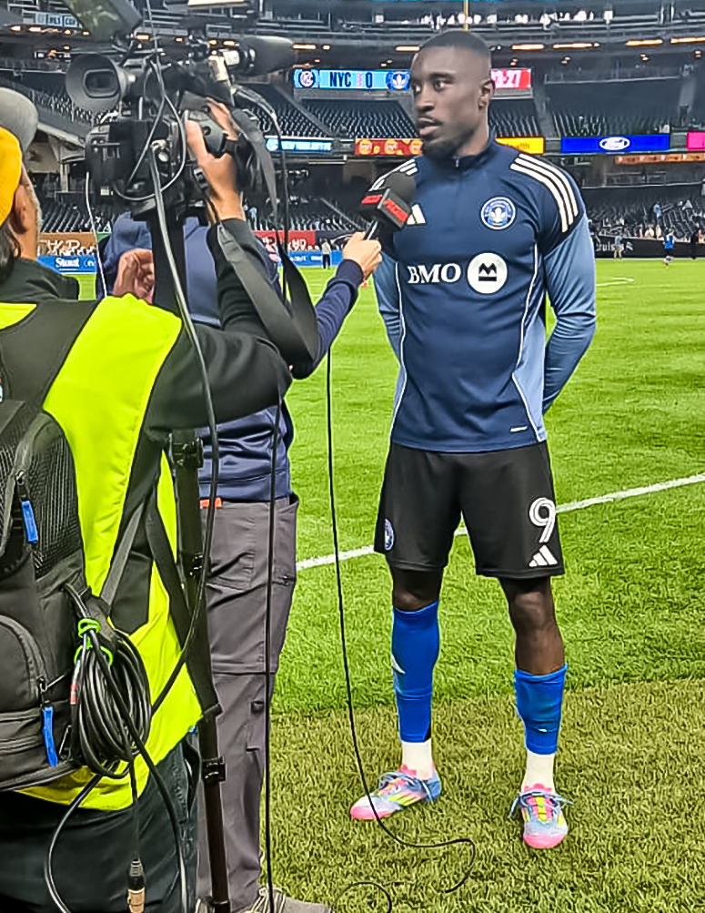 Prince Owusu (CF Montréal) being interviewed post-match after scoring the winning goal at Yankee Stadium.