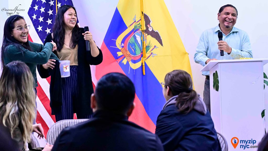 Esau Chauca speaks at community workshop in Queens, NY