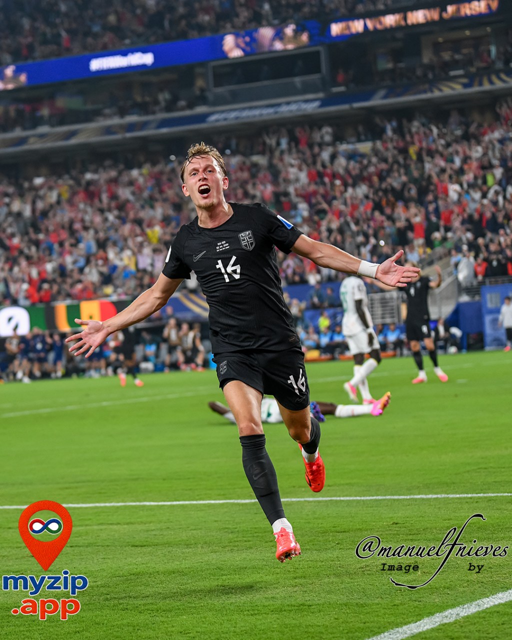 Holmgren Pedersen celebra el primer gol de Noruega ante Senegal en el MetLife Stadium durante el Mundial FIFA 2026.