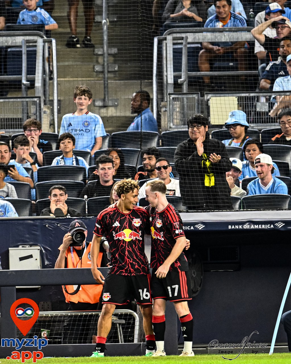Julian Hall celebrates after scoring the only goal in New York Red Bulls' 1-0 win over NYCFC at Yankee Stadium.